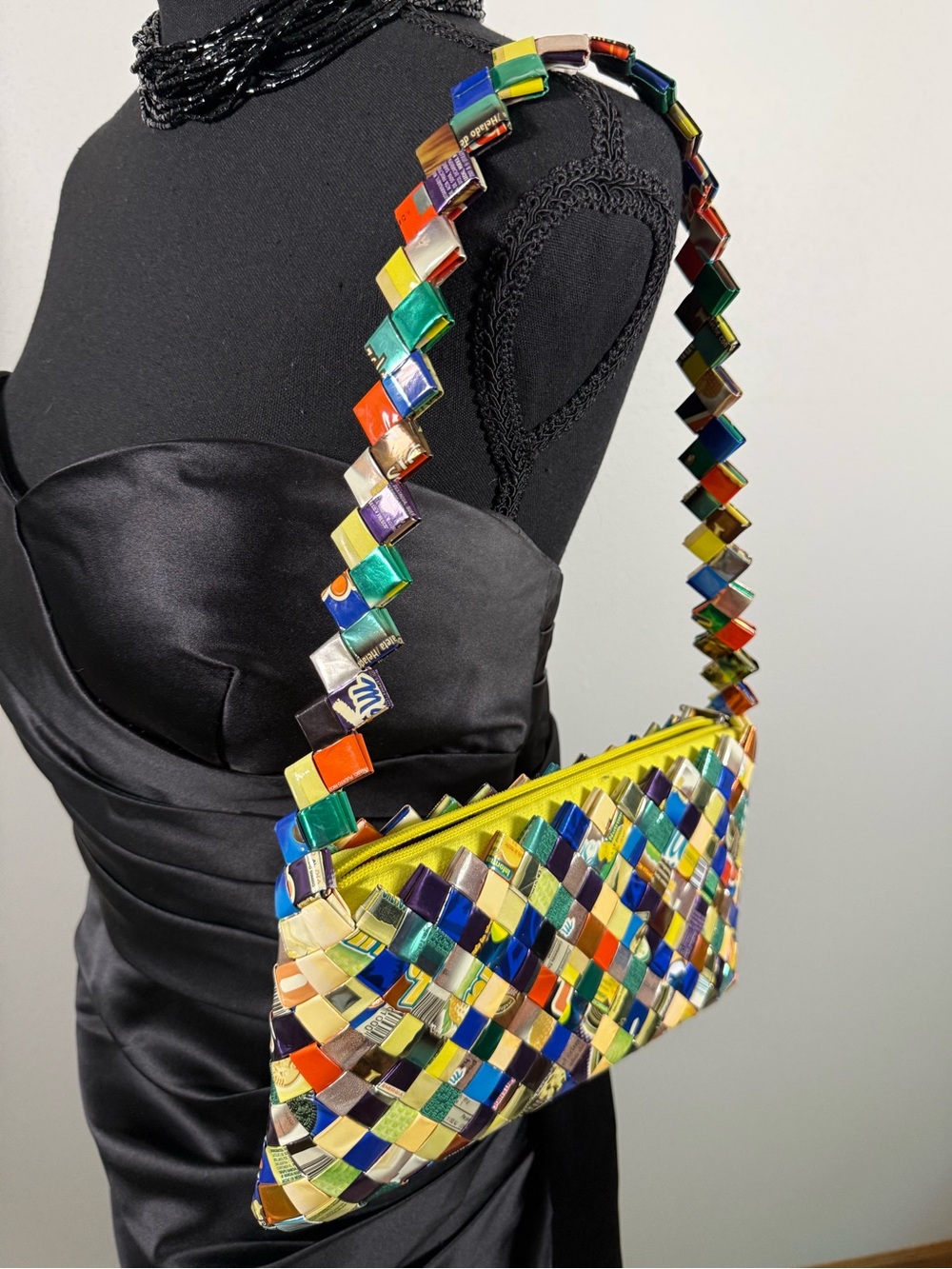 Handwoven Recycled Candy Wrapper Shoulder Bag Multicolor Upcycled Purse